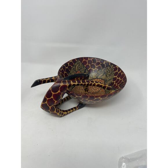 African Hand Carved Olive Wood Giraffe Drinking From Bowl Trinket Dish Vintage - Picture 6 of 13